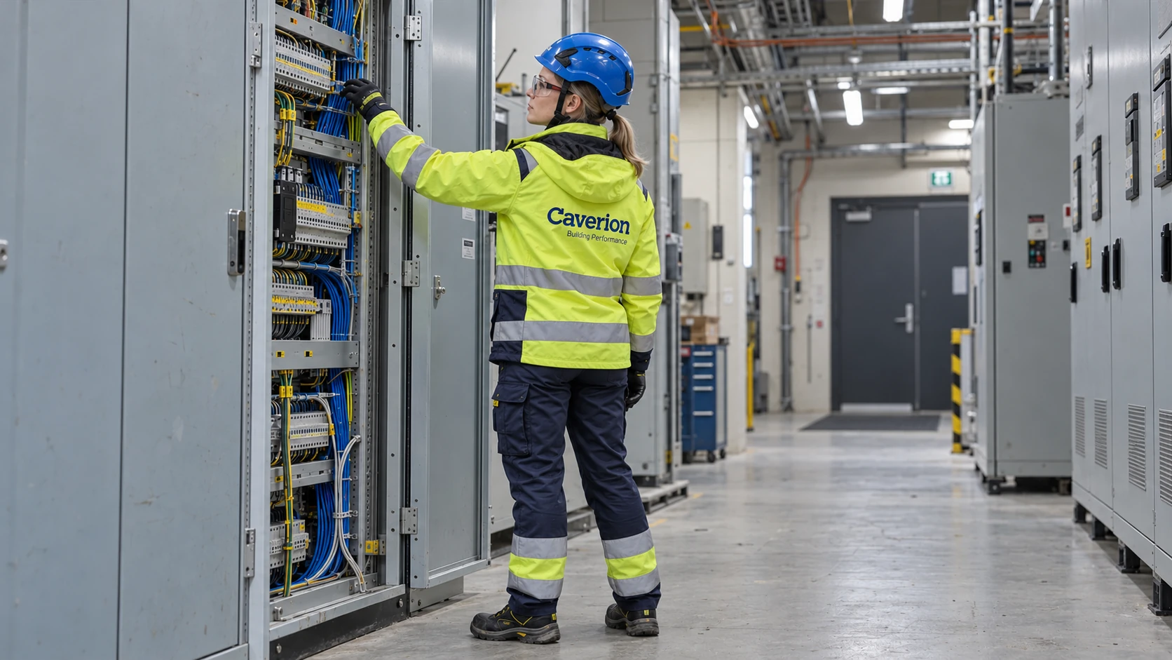 AI-illustrasjon av en oppdiktet tekniker i Caverion-arbeidstøy ved et teknisk anlegg