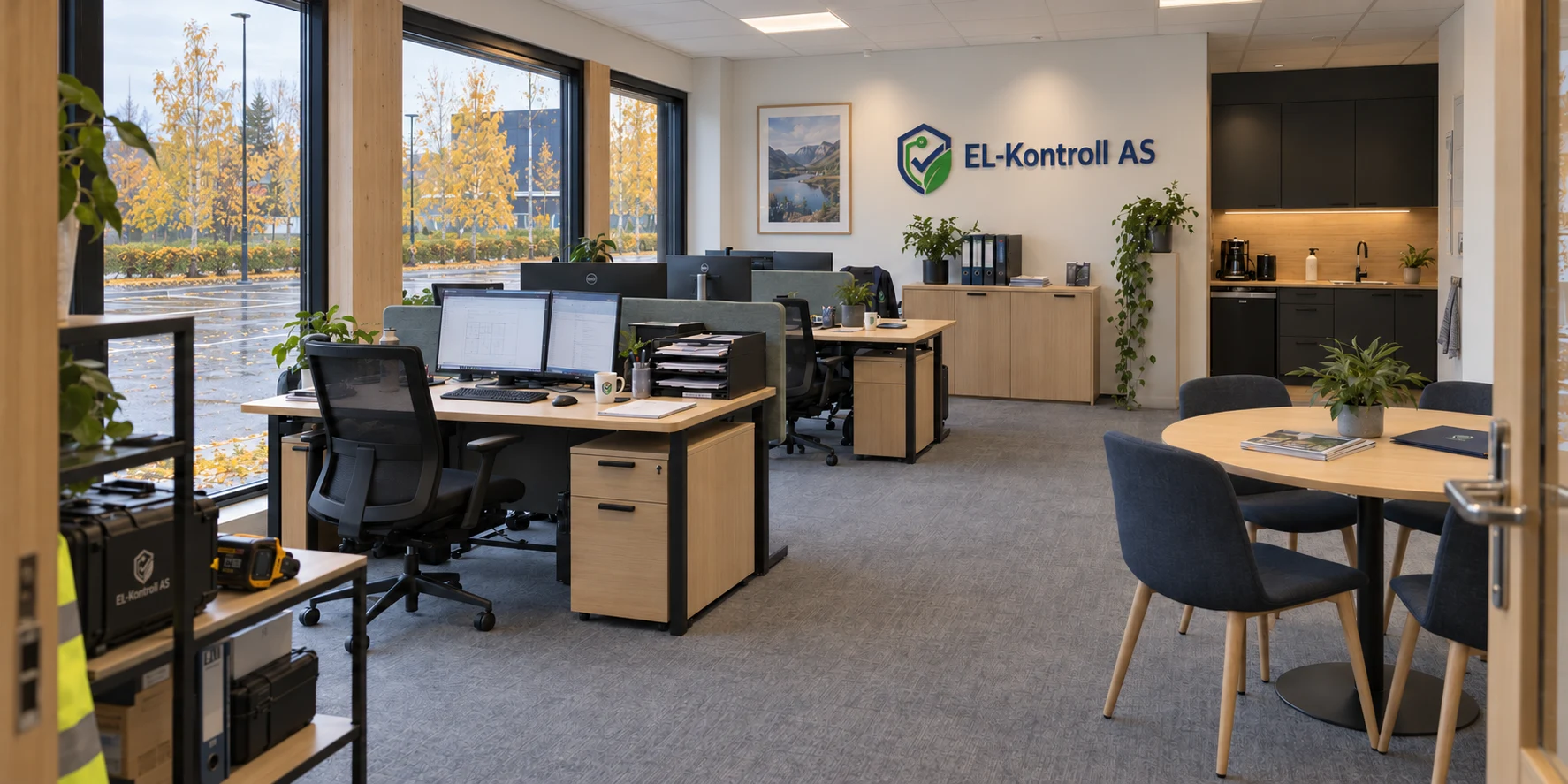 Innsiden av EL-Kontroll sitt kontor med arbeidsplasser, møtebord og kjøkken